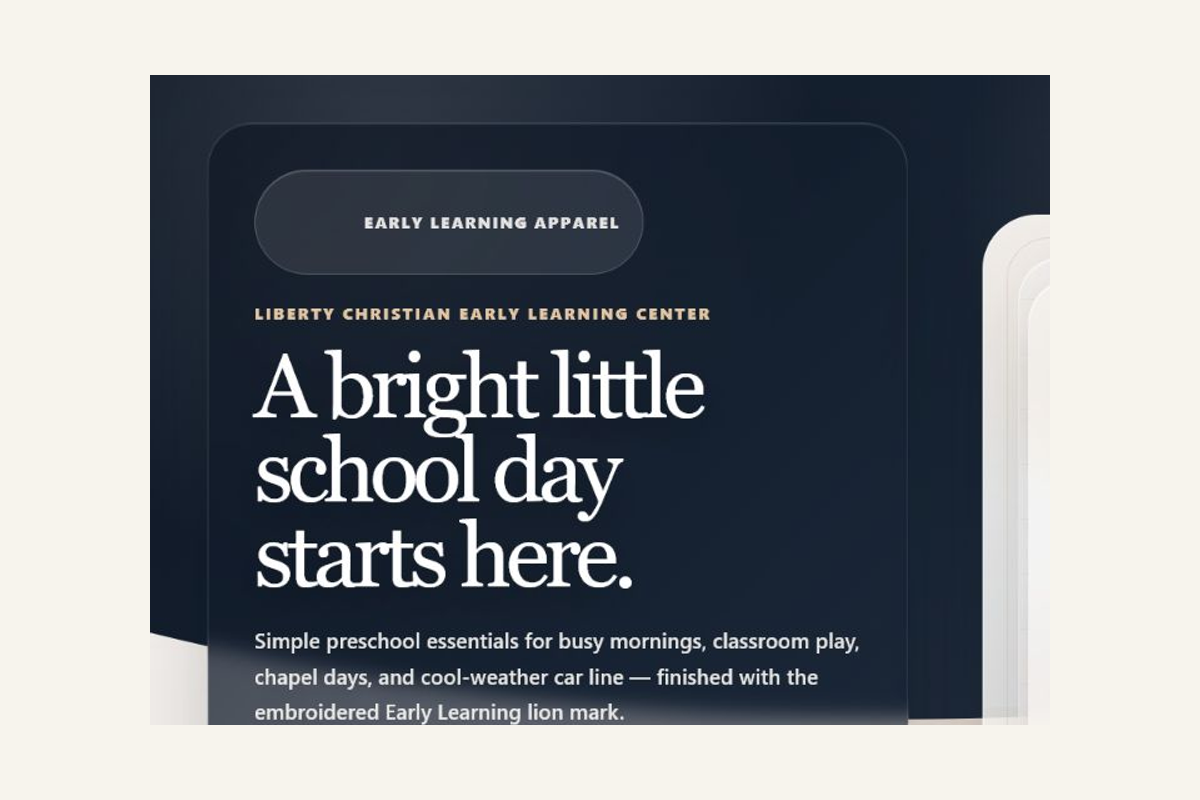 Public Liberty Christian Early Learning storefront showing the custom editorial hero.