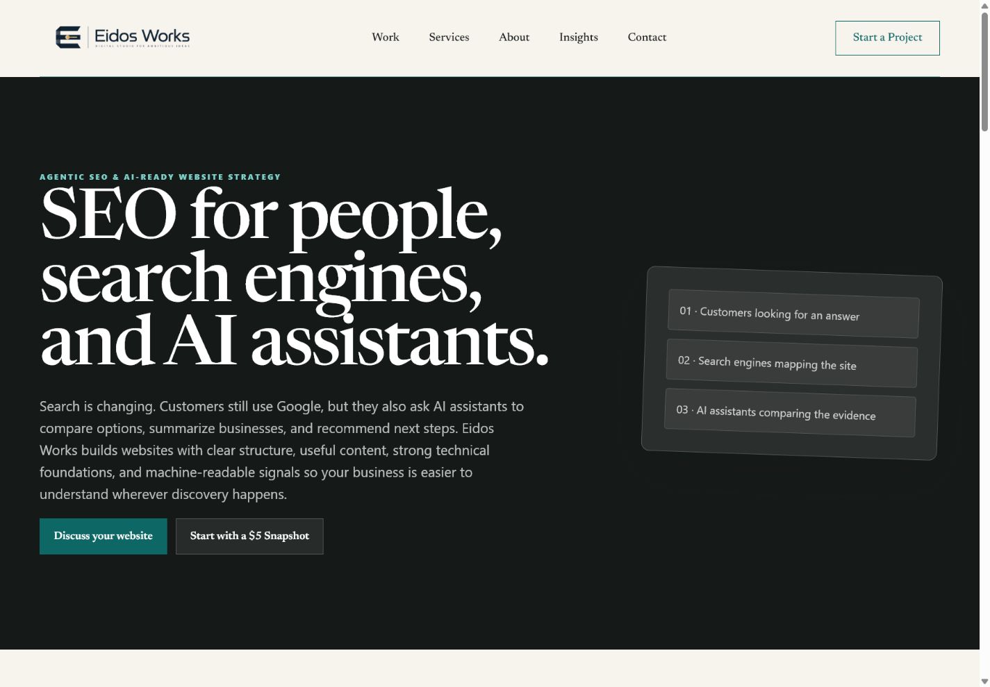 Eidos Works Agentic SEO service page shown as an authentic digital experience example.