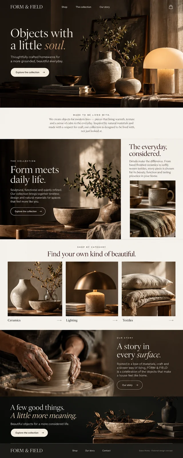 Complete Form and Field fictional retail website concept, from sculptural product hero to ceramics, lighting, textiles, materials story, and footer