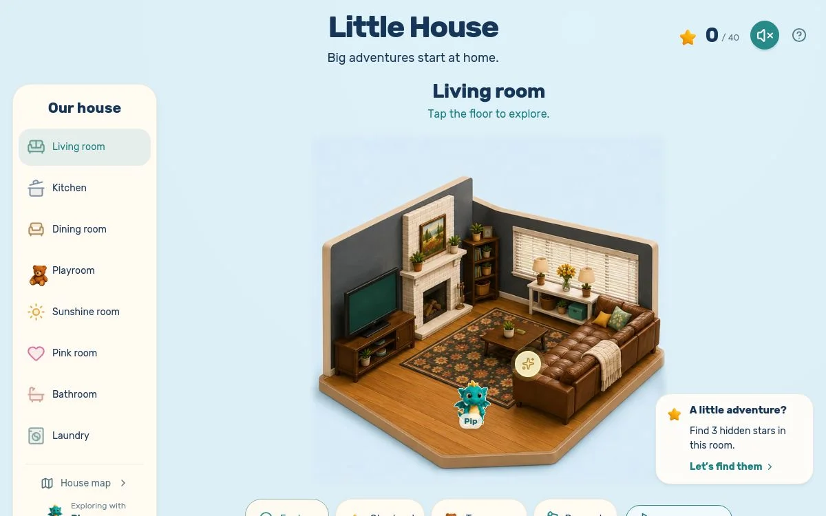 Illustrated Little House dollhouse with rooms to explore.